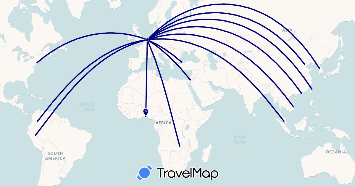 TravelMap itinerary: driving in China, Colombia, Israel, South Korea, Malaysia, Nigeria, Netherlands, Peru, Turkey, Taiwan, United States, Vietnam, Zambia (Africa, Asia, Europe, North America, South America)